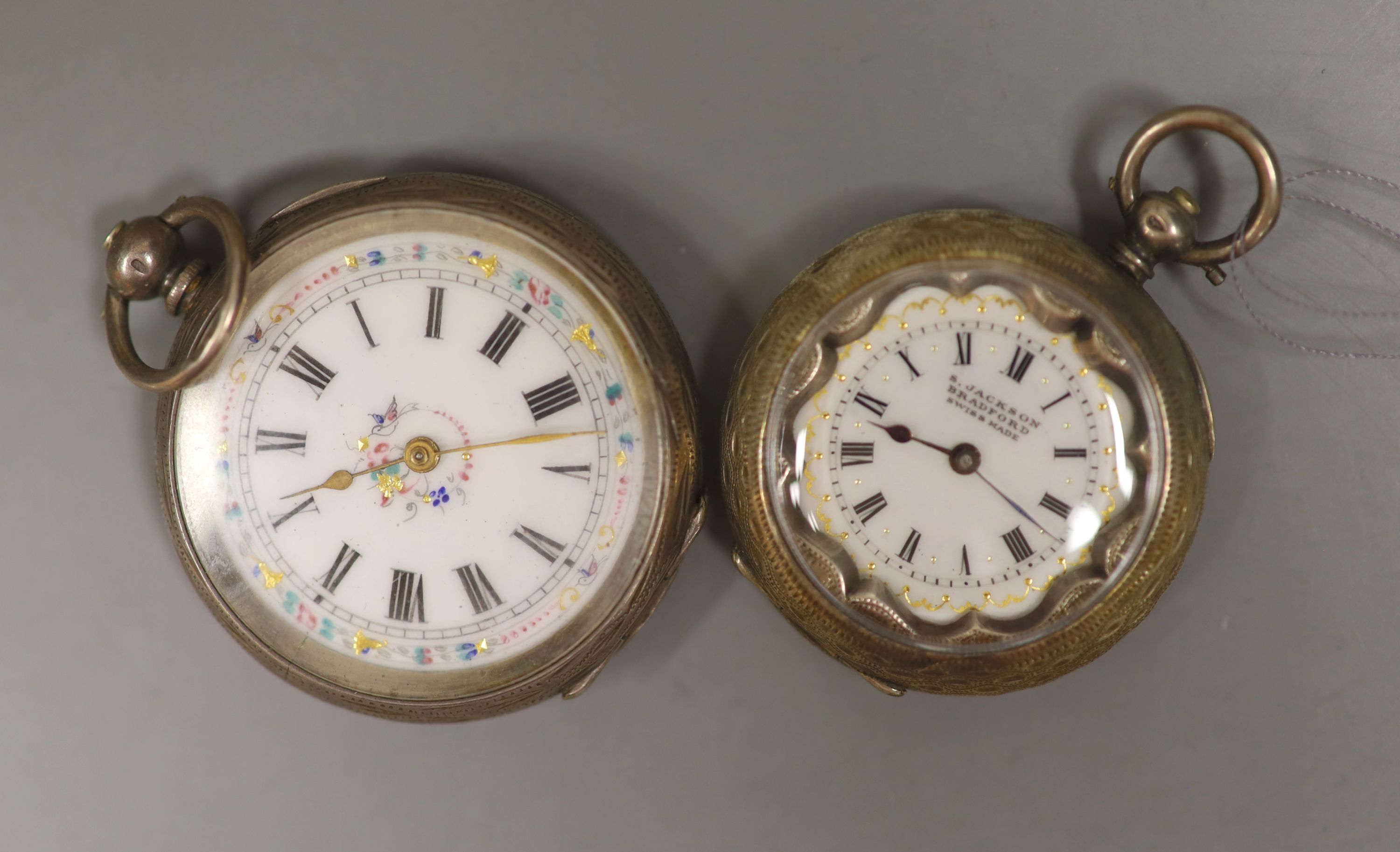 A collection of lady's assorted mainly continental white metal fob and pocket watches, including enamel and three wrist watches.